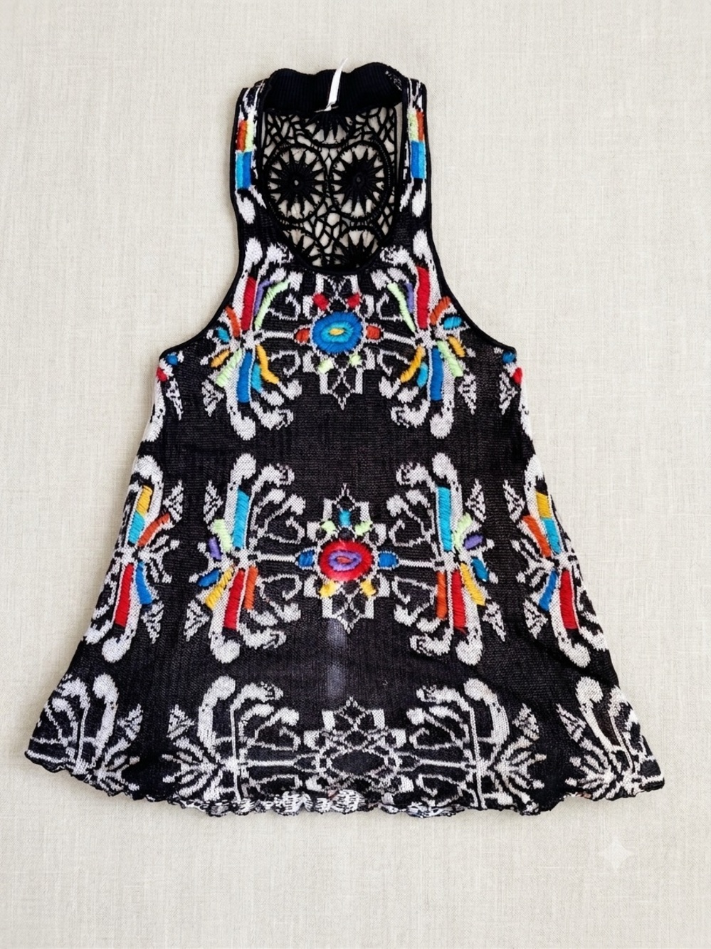 Free People Magic Intarsia Knit Tank Top Crochet Lace Back Boho Festival XS